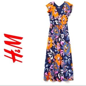 H & M  Blue Floral Butterfly Sleeve Maxi Dress Sz M Fully Lined Elastic Waist